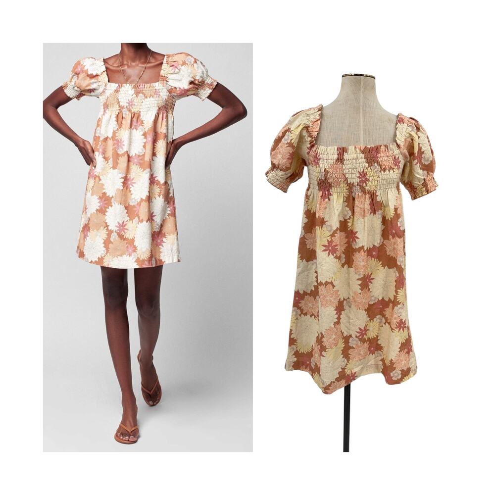 Faherty Ramona Smocked Mini Dress Warm Jicaro Island Floral Organic Cotton Small